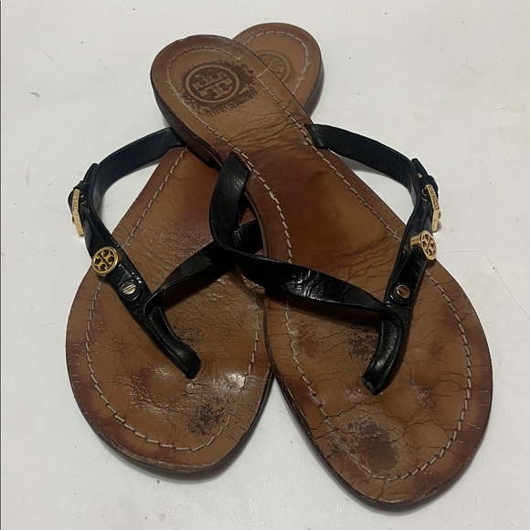 Tory Burch Black and Brown Leather Flip-Flops Sz 8 Women - Picture 4 of 7